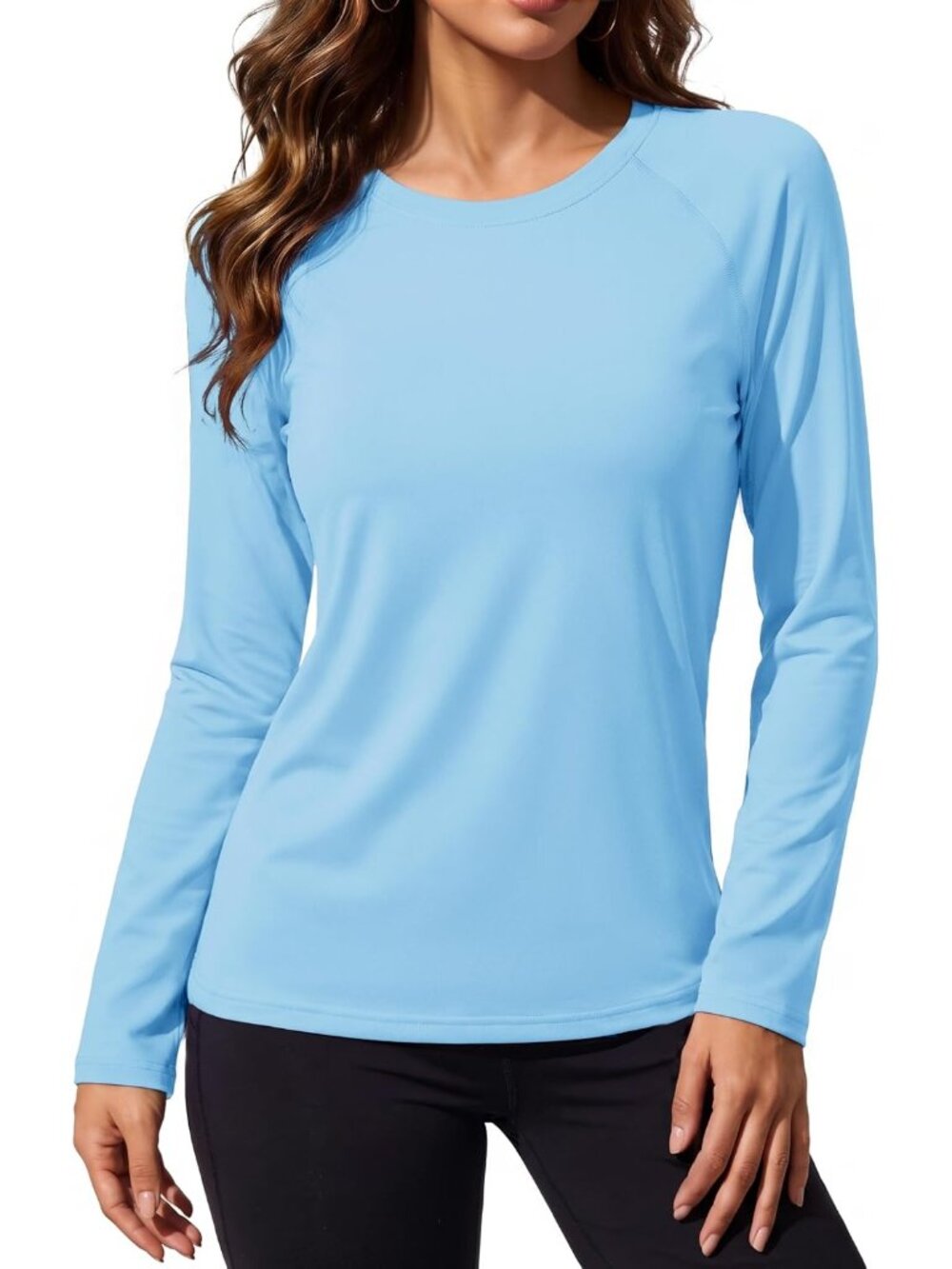 Women's Light Sky Blue Long Sleeve Crew Neck Warm Undershirts Casual Tops Shirts